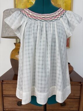 THE GREAT. White Plaid Embroidered Peasant Top with Multicolor Neck